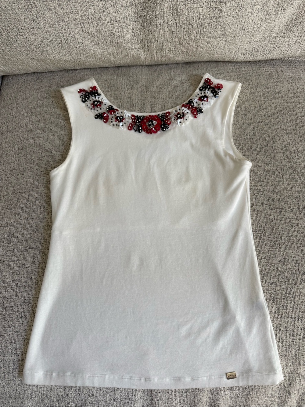 White Embellished Sleeveless Tank Top with sequins embellished neckline